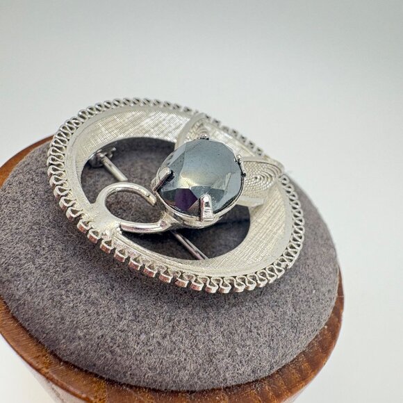 VTG Sterling SIlver 925 Hematite Flower Design Circle Brooch Size 1" Diameter - Picture 4 of 12